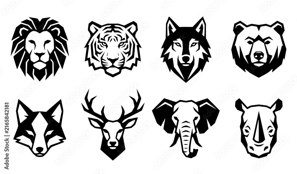 Fototapeta premium 8 Wildlife Animal Head Icons – Geometric Vector Illustration Collection