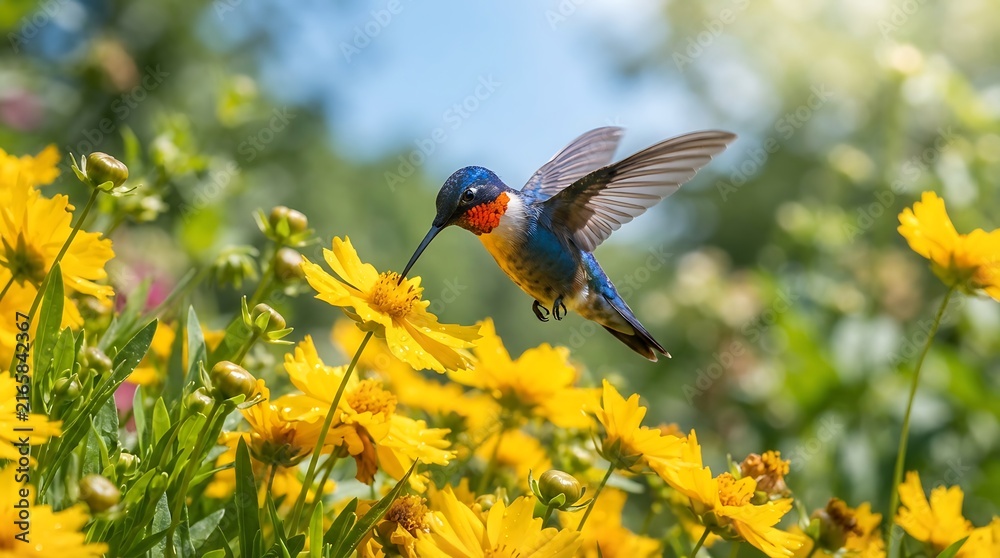 Fototapeta premium Vivid hummingbird in mid-flight collecting nectar from bright yellow wildflowers in nature