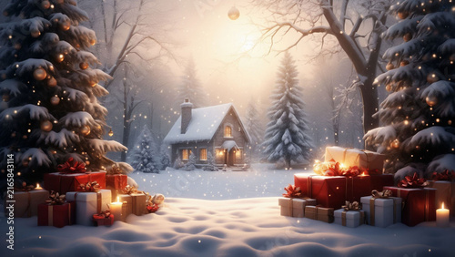 Magical snowy Christmas landscape with cozy cabin, warm lights, and gift boxes.