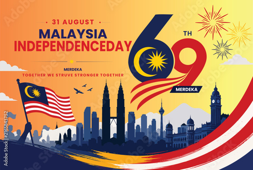 Bild auf Leinwand Malaysia independence day banner featuring city skyline silhouette and sixty nin
