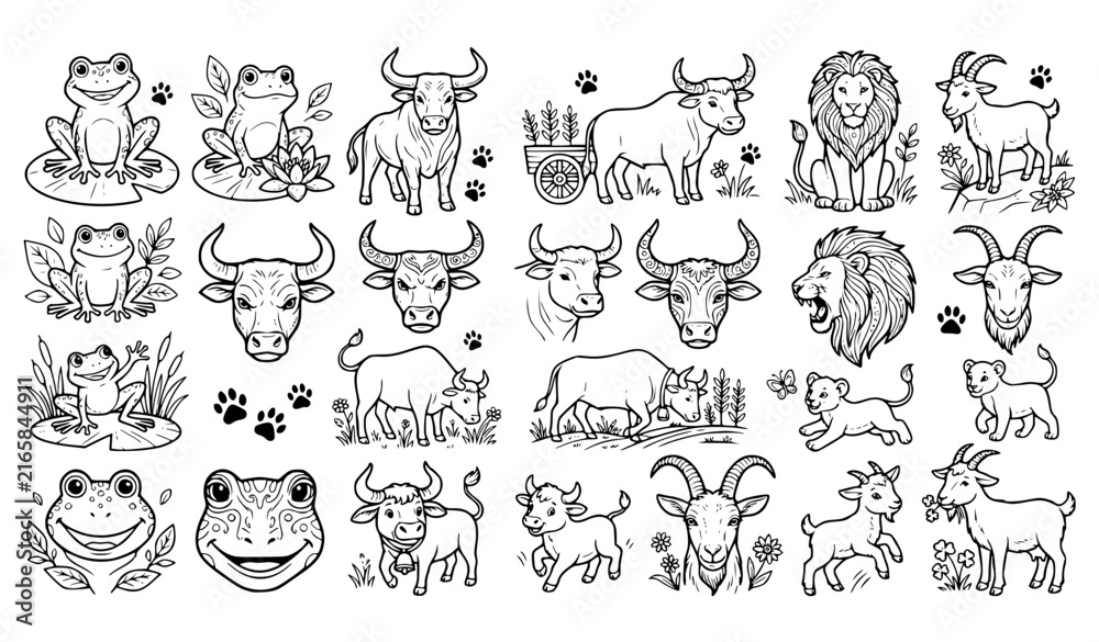 Obraz premium Animal Coloring Book Vector Set – Frog, Bull, Ox, Lion and Goat Black and White Illustrations