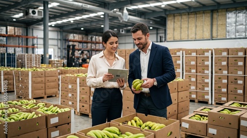 Professional logistics managers inspecting fresh green bananas in warehouse, supply chain distribution center with digital tablet and fruit boxes