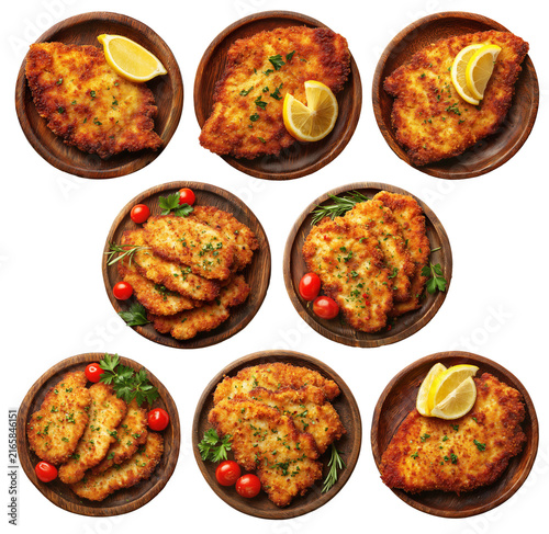 Milanesa breaded beef chicken schnitzel or cutlet with parsley garnish, isolated on white background, South American Cuisine