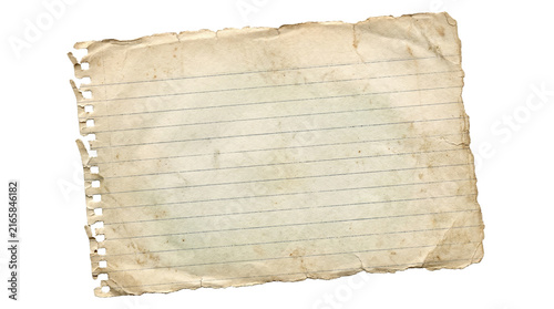 Vintage aged notebook paper, stained antique lined parchment with torn edges, weathered retro stationery for scrapbooking