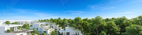 Modern Architecture and Eco-Friendly Housing in Urban Landscapes: Sustainable Living and Property Investment with Nature Integration and Scenic Beauty on a Sunny Day.