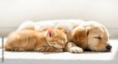 Adorable ginger kitten and golden retriever puppy peacefully napping together in warm sunlight, creating a heartwarming scene of innocent animal companionship
