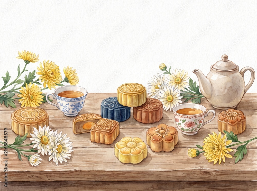 Obraz premium Mid Autumn Bakery Display Watercolor Illustration 
