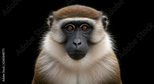 Portrait of a Green Monkey with Expressive Amber Eyes Against a Deep Black Background Reflecting Wild Nature DN250925002