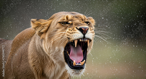 Fierce African Lioness Roaring Aggressively in the Rain Showing Sharp Teeth and Powerful Expression in the Wild Wilderness Environment