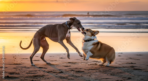 Corgi and Greyhound Dogs Playing on the Beach at Sunset