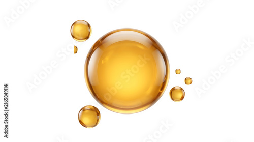 Golden oil drop or serum bubble isolated on transparent background