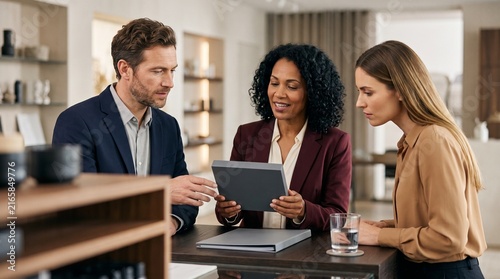 A diverse team of three young professionals having a collaborative meeting and reviewing a project on a tablet