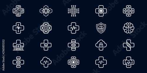 White Medical Technology Line Icon Collection on Dark Background