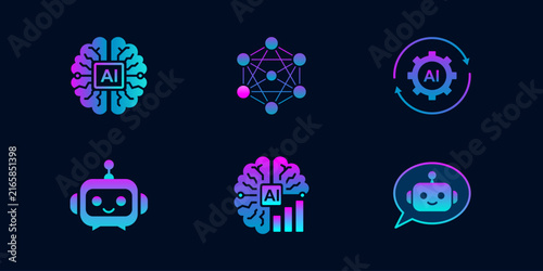 Artificial Intelligence Technology Icon Collection with Neural Brain, Network, Gear and Robot Symbols