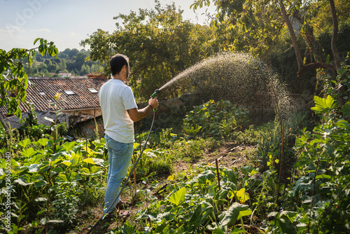 Man waters garden with a hose, creating a misty spray
