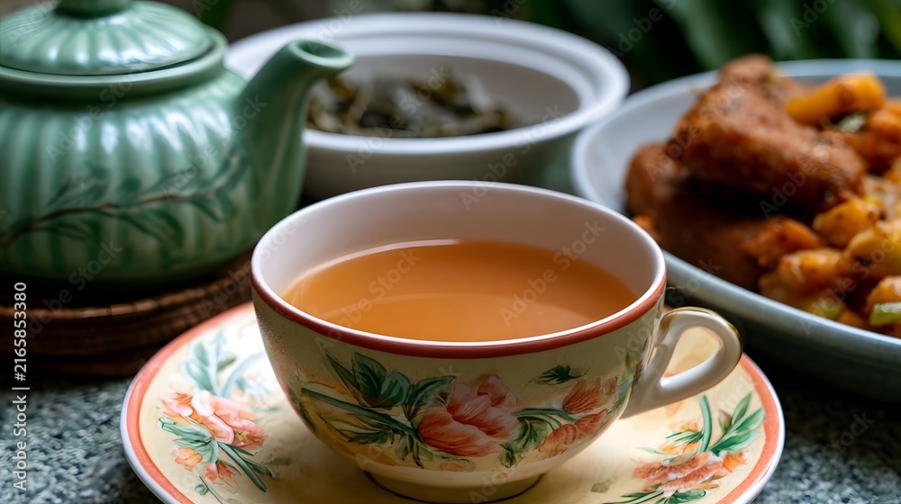 Fototapeta premium A cup of tea with floral patterned cup and saucer green teapot and plate of fried food on a textured surface