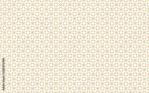 Seamless geometric pattern with intersecting circles and thin gold lines on white