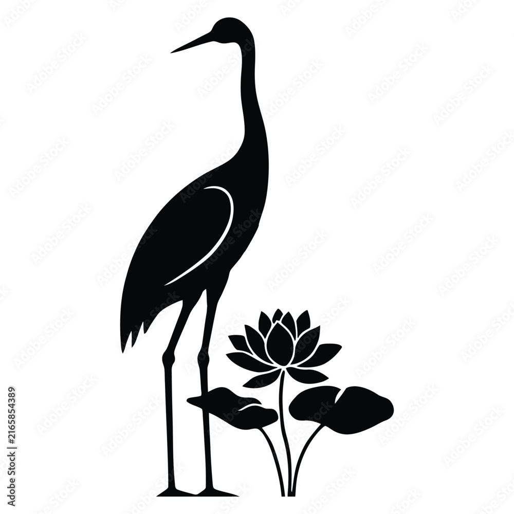 Naklejka premium A crane stands near a lotus flower in a black silhouette