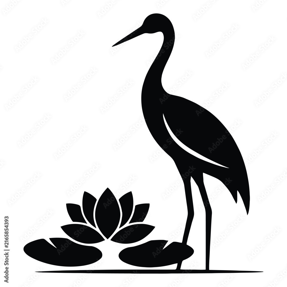 Naklejka premium A black silhouette of a crane standing near a lotus flower minimalist style silhouette