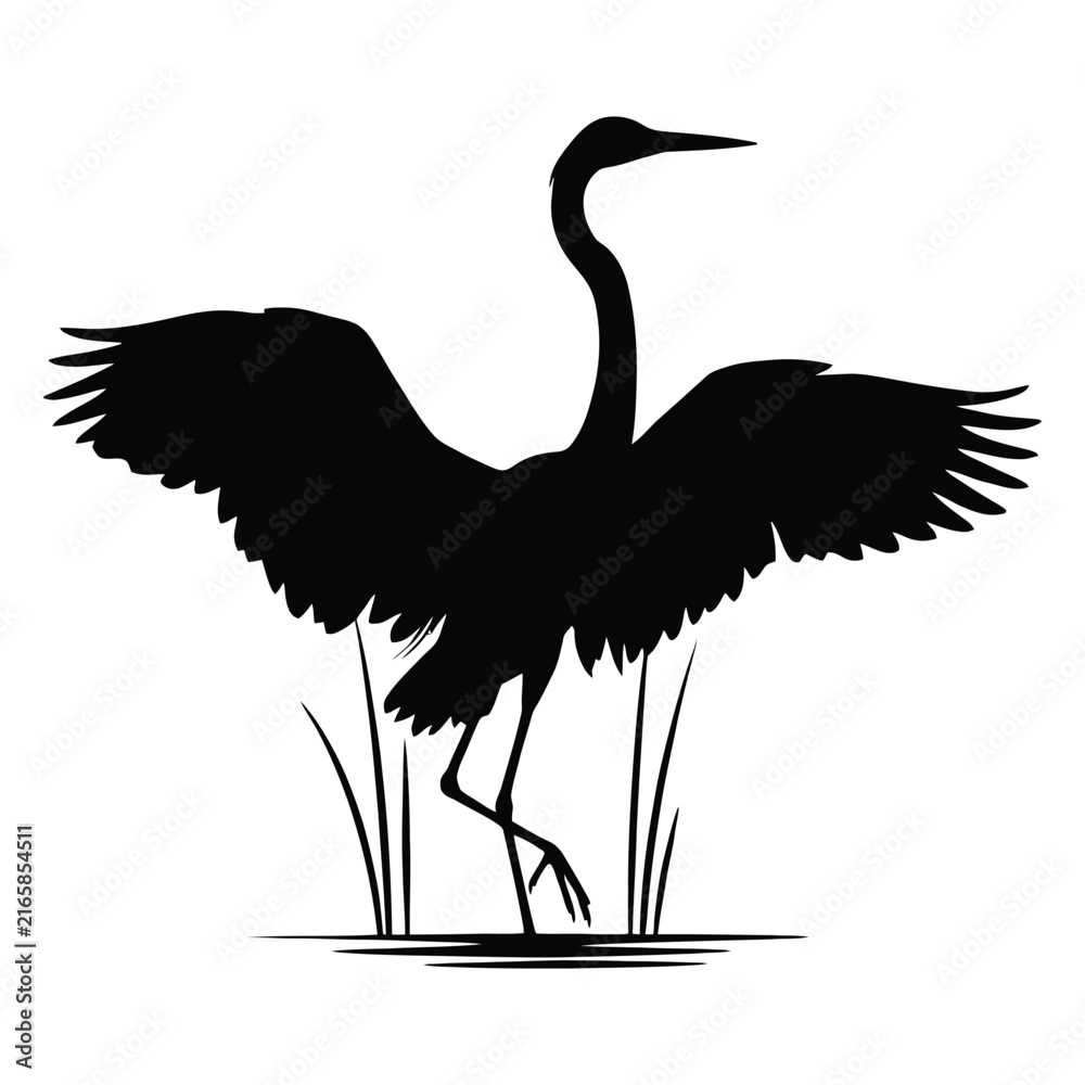 Naklejka premium A wading bird with outstretched wings is depicted in a black silhouette