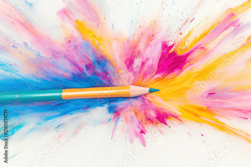 Colored pencil on white surface with vibrant colorful paint splash explosion.