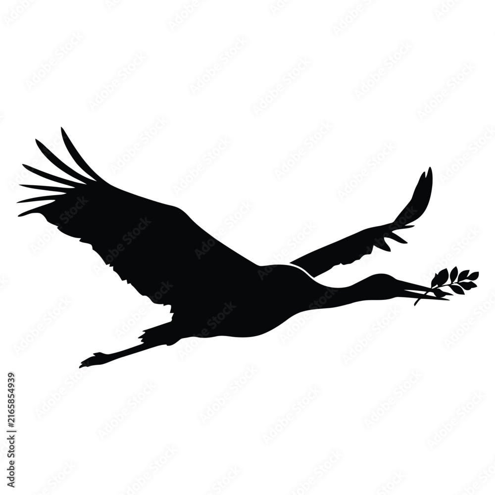 Naklejka premium A black silhouette of a flying crane carrying an olive branch a peaceful silhouette