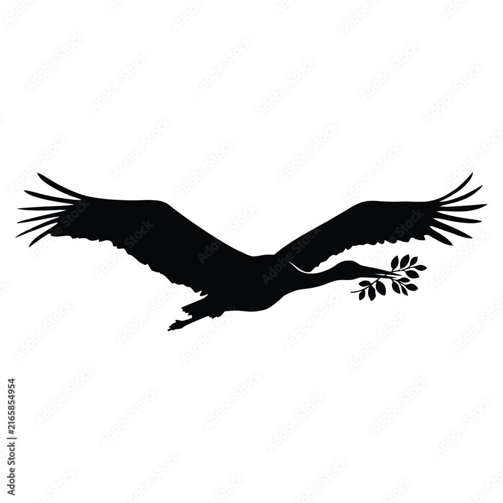 Naklejka premium A flying crane carrying an olive branch is depicted in black silhouette