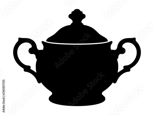 Elegant black silhouette of a vintage lidded sugar bowl with ornate handles and a decorative finial on the lid PNG Isolated on transparent background