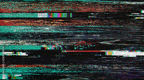 Foto Digital Glitch Texture Overlay: Colorful Pixelated Static Noise and Corrupted VH