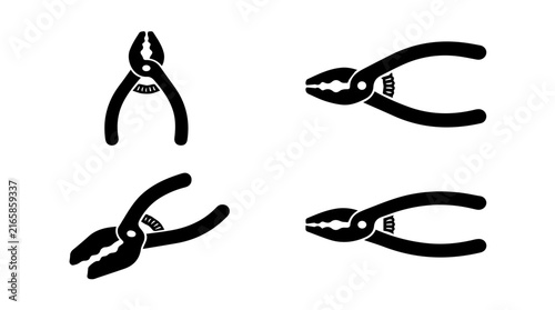 Set of black pliers hand tool silhouette icons on white background