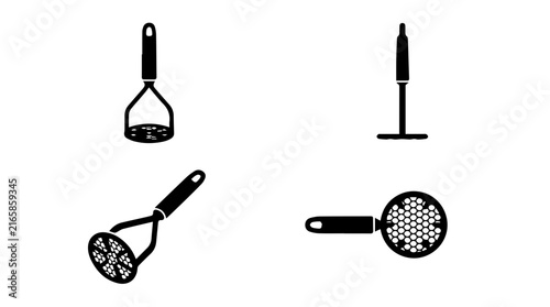 Set of black potato masher icons isolated on white background