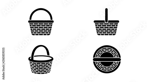 Set of Black Wicker Basket Icons with Different Perspectives