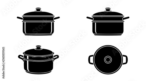 Set of minimalist black and white vector icons of cooking pots and steamers