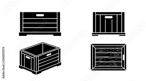 Set of minimalist black and white wooden crate icons in various views