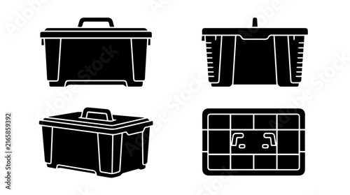 Set of four plastic tool box and storage container flat icons