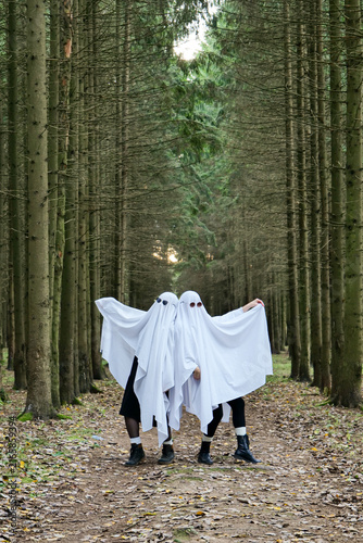 Cuadro en lienzo Two people dressed as white ghosts having fun on a forest path during an outdoor