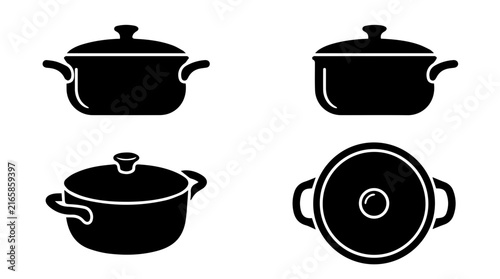 Set of minimalist black cooking pot silhouette icons in various views