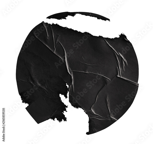 Torn, ripped paper pieces wave crack crumbled circle collage. Black and white grunge copy space texture wrinkle poster background.