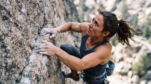 A determined female climber scales a sheer rock face, her muscles straining as she searches for the next handhold amidst a breathtaking mountainous landscape.