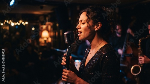 A female vocalist captivates the audience with her soulful performance, singing into a vintage microphone on a dimly lit stage, backed by a jazz band.