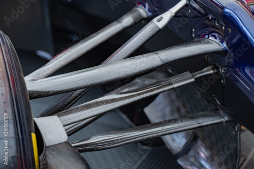 Принти на полотні Detailed technical view of a formula motorsport front suspension corner showing