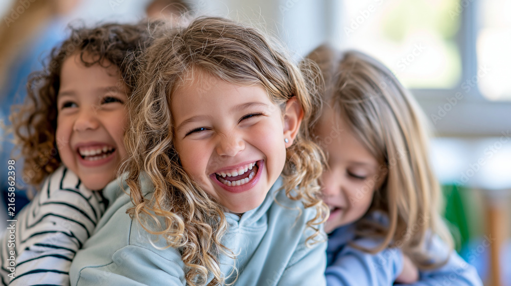 Fototapeta premium Three joyful young children laughing and playing together in a bright classroom, friendship, childhood happiness, kindergarten education, faceless, with copy space