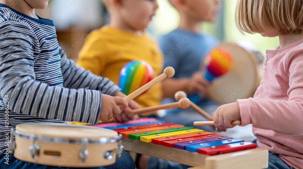 Obraz premium Diverse preschool children playing xylophone, tambourine, maracas and small drums during music class, early childhood development, music education, faceless, with copy space