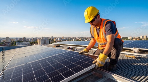 Worker in hardhat mounting solar panels on a building roof with installation
