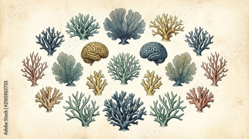 Vintage Coral and Brain Anatomy Illustration - Detailed Botanical Art