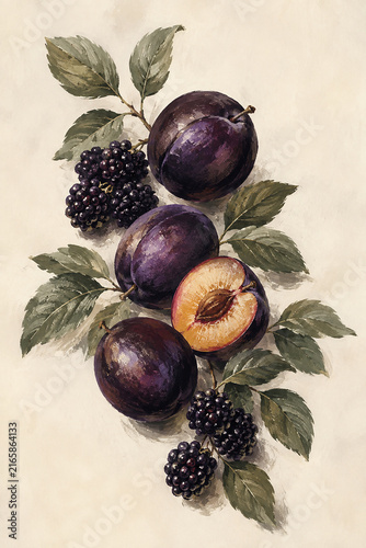 Purple Plums and Blackberries with Leaves Hand Painted Fruit Illustration