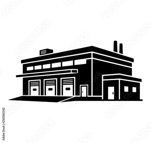 Industrial warehouse building with loading docks and chimneys silhouette isolated on transparent background.