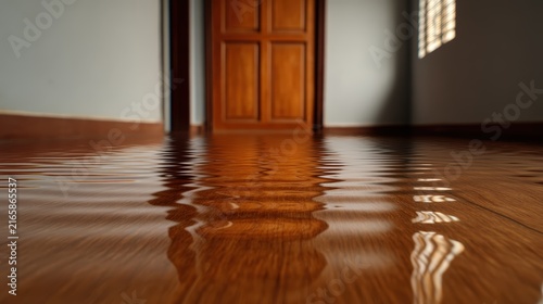 An empty room with wooden flooring is flooded with water, reflecting the closed wooden door and window light.