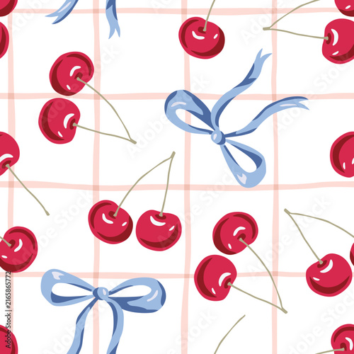 Red cherry fruits, blue bows, gingham white background. Vector illustration. Seamless pattern. Summer garden. Tablecloth design