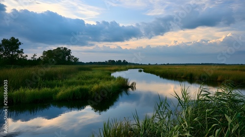 A serene marshland river reflects a dramatic sky with clouds and golden light at dusk  surrounded by tall green reeds and distant trees